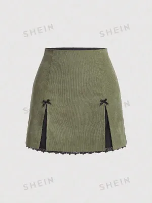10562 a01-07 Falda con diseño de lazo ribete con encaje bajo con abertura de pana SHEIN MOD