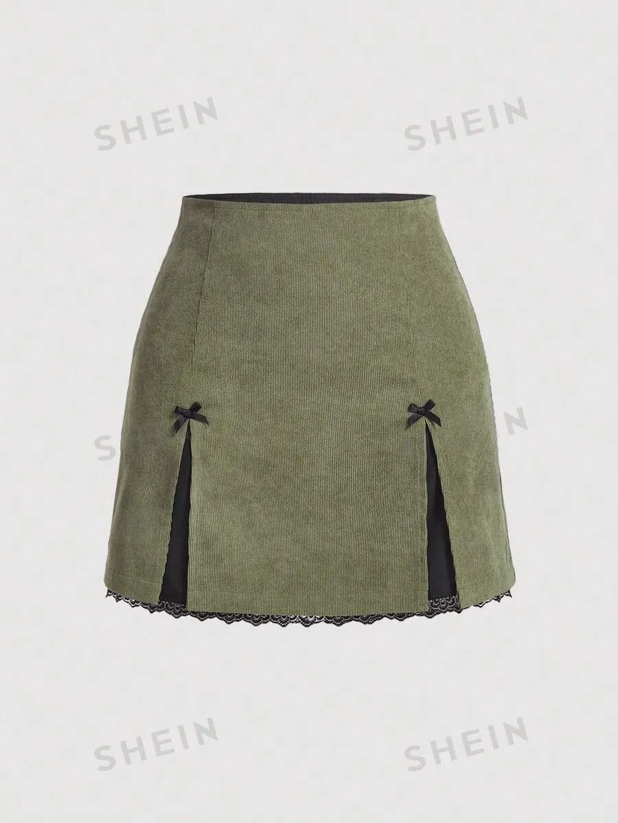 10562 a01-07 Falda con diseño de lazo ribete con encaje bajo con abertura de pana SHEIN MOD