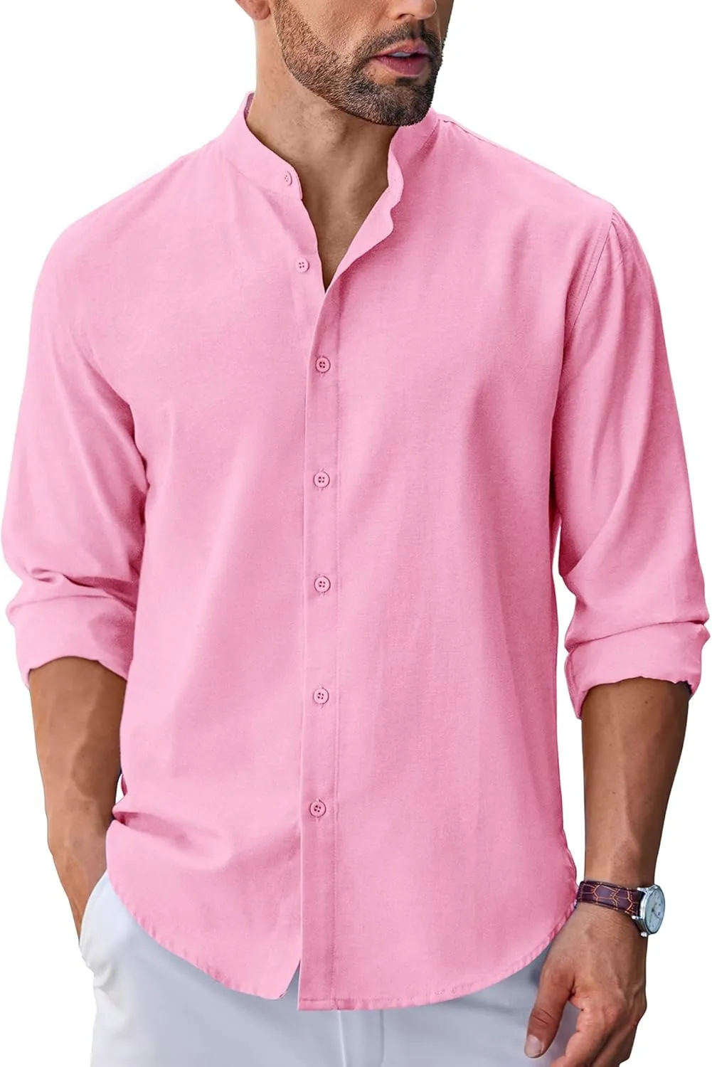 COOFANDY Men's Long Sleeve Oxford Dress Shirts Chambray Button Down Shirt Casual Band Collar Shirts