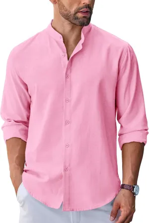 COOFANDY Men's Long Sleeve Oxford Dress Shirts Chambray Button Down Shirt Casual Band Collar Shirts