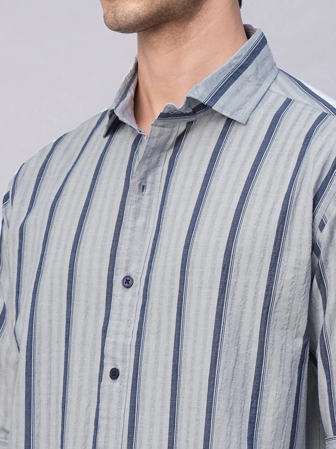 Men's Blue Stripe  Seersucker Slim Fit Shirt