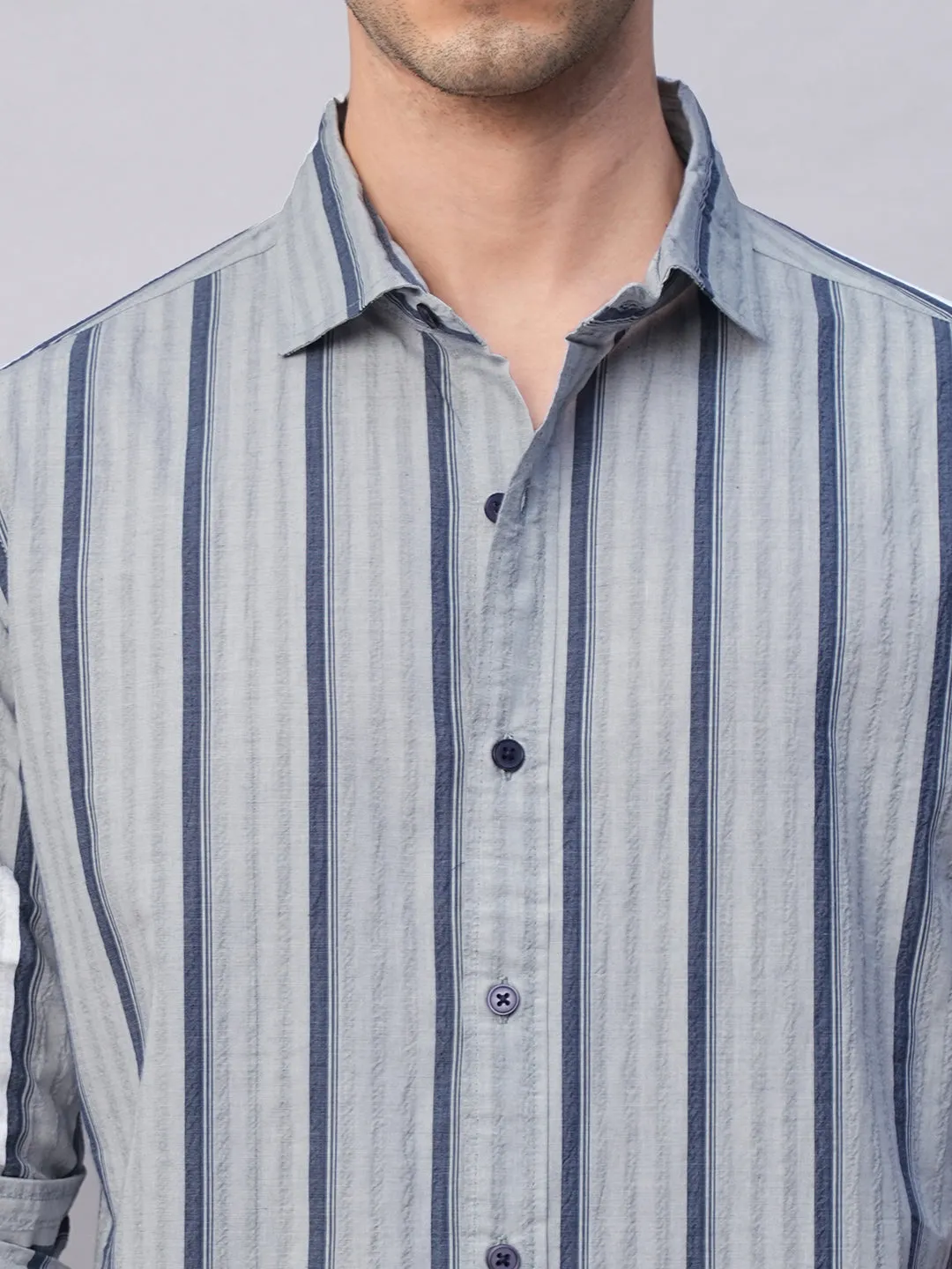 Men's Blue Stripe  Seersucker Slim Fit Shirt