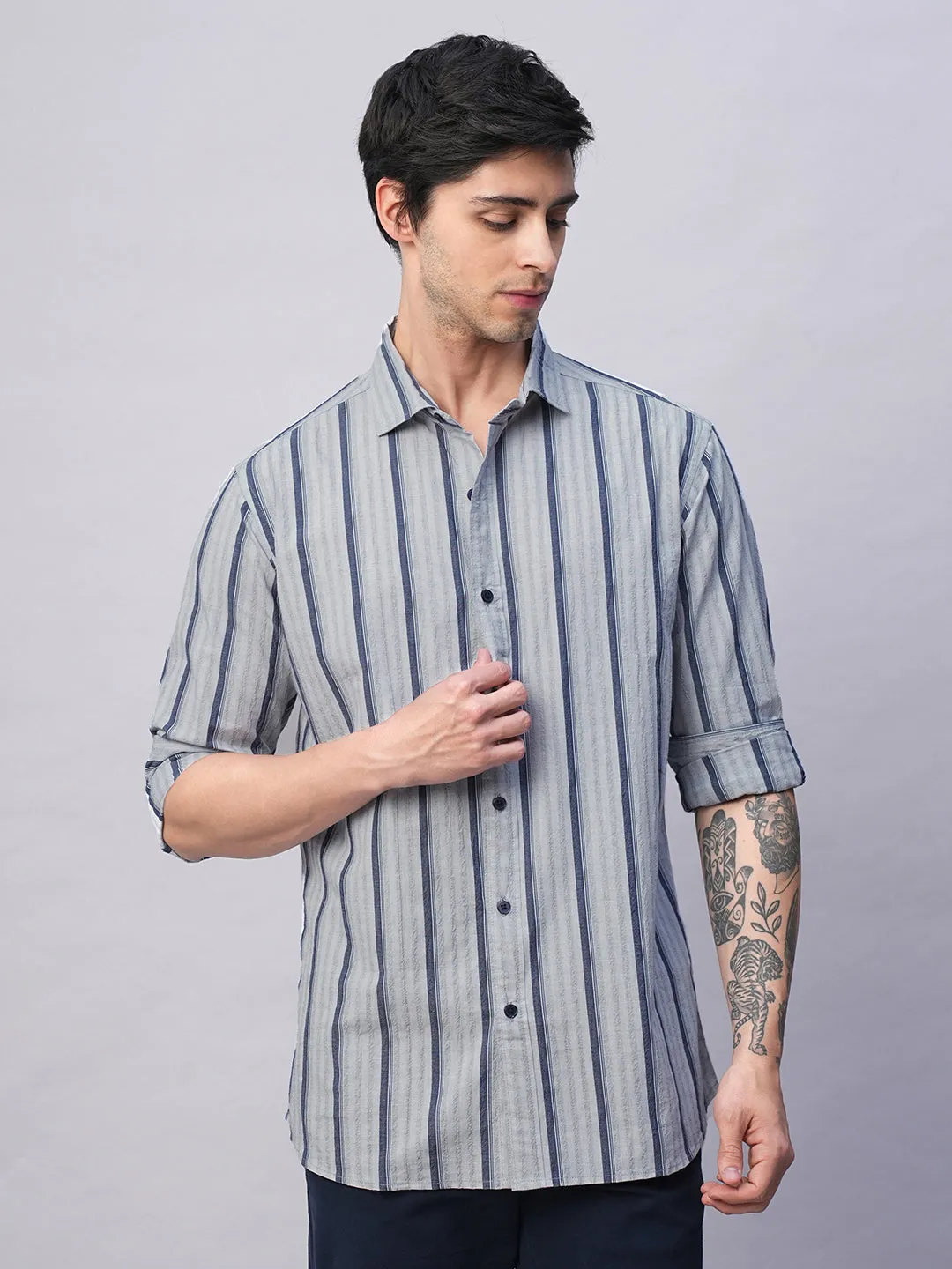 Men's Blue Stripe  Seersucker Slim Fit Shirt