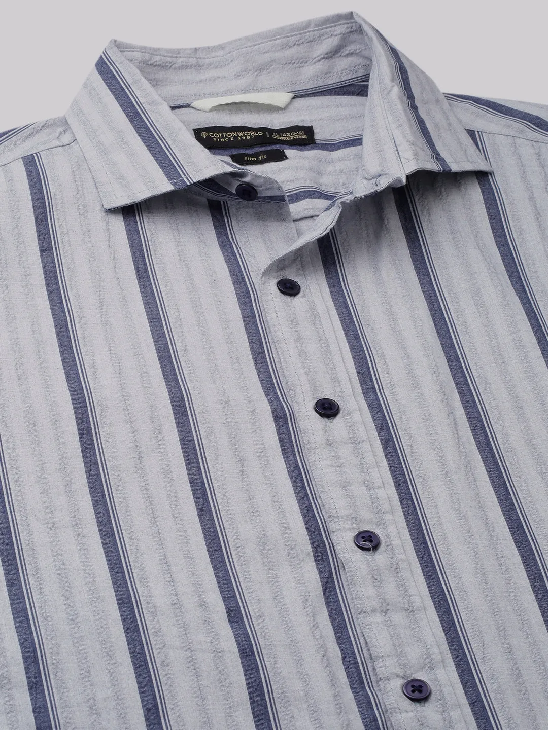 Men's Blue Stripe  Seersucker Slim Fit Shirt