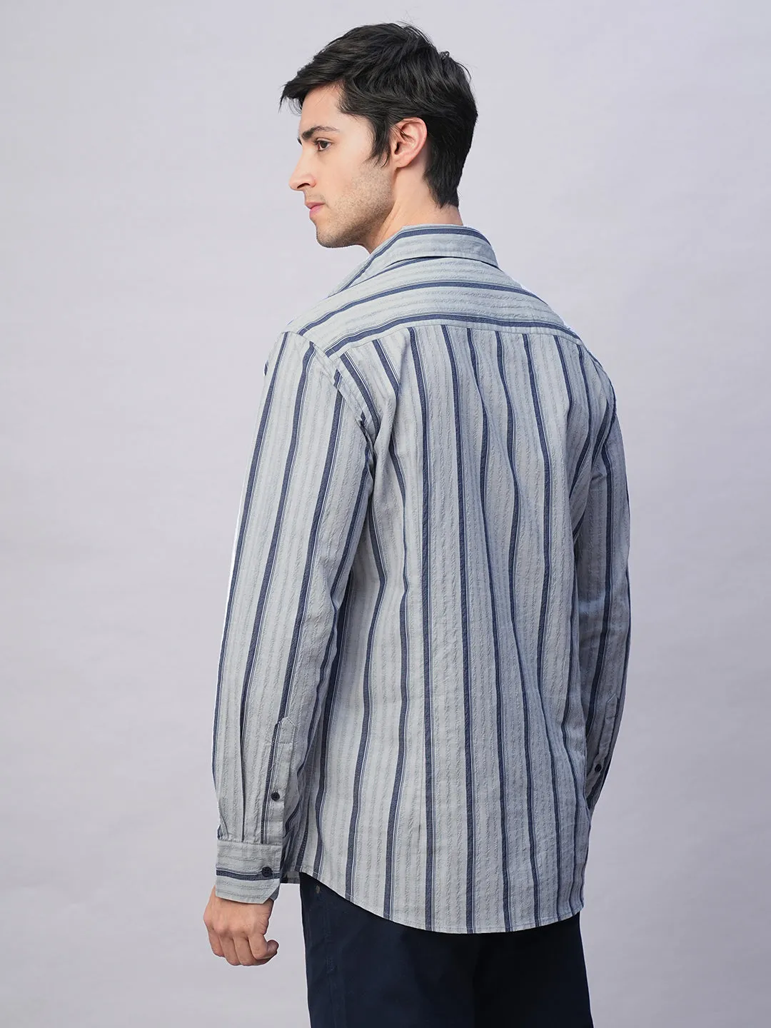 Men's Blue Stripe  Seersucker Slim Fit Shirt