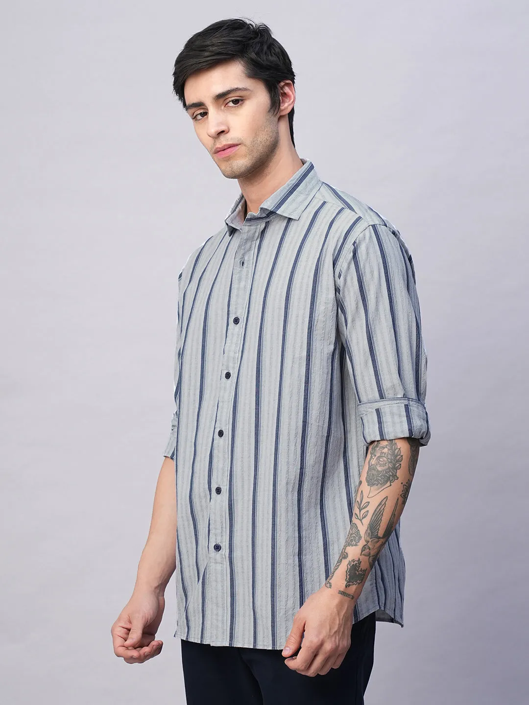 Men's Blue Stripe  Seersucker Slim Fit Shirt