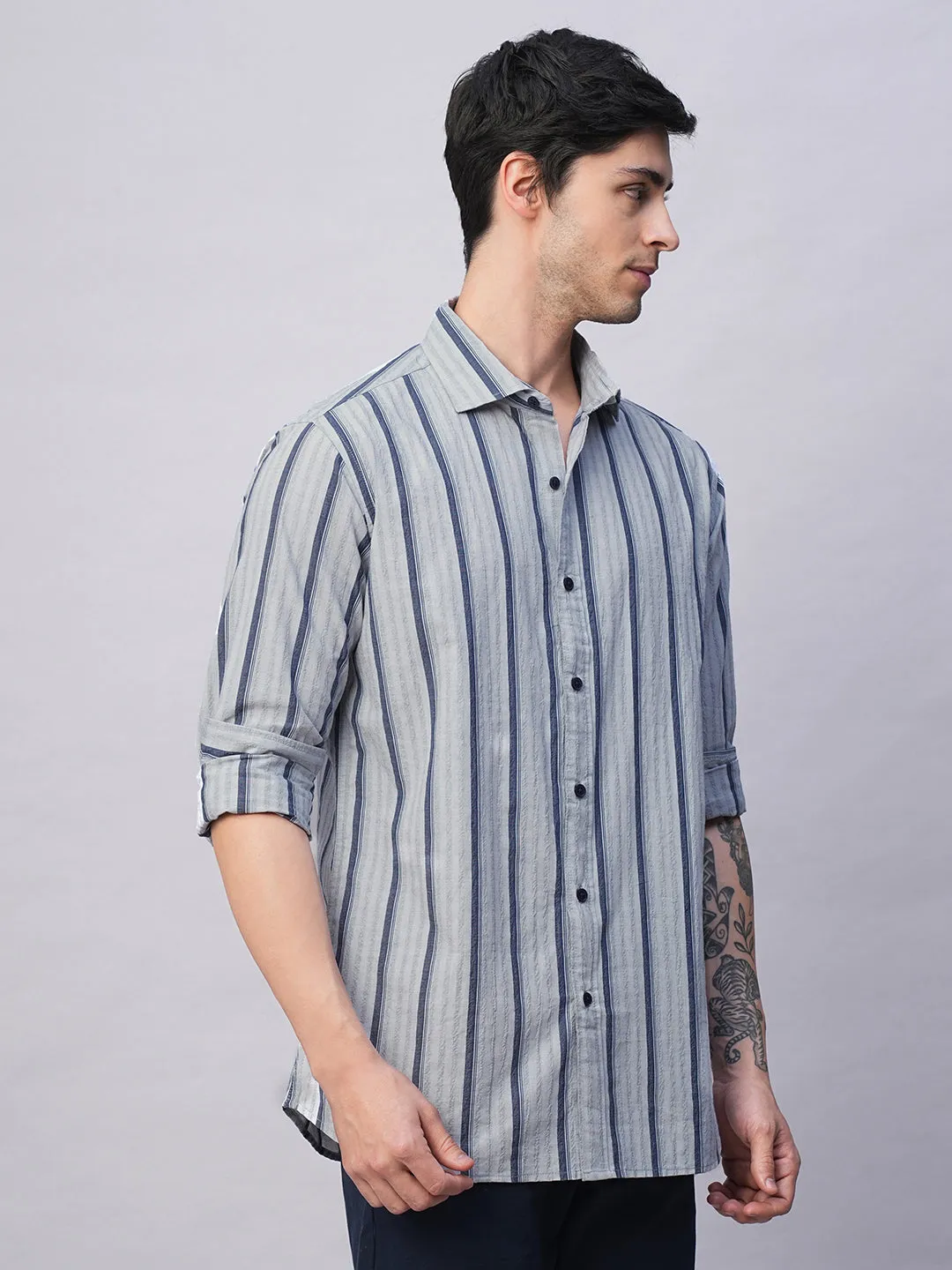 Men's Blue Stripe  Seersucker Slim Fit Shirt