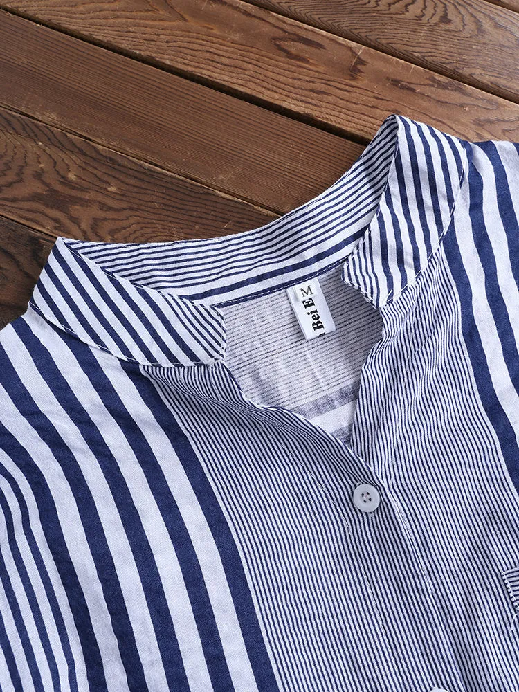 Patchwork Stripe Print Stand Collar Irregular Casual Shirts
