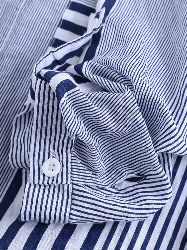 Patchwork Stripe Print Stand Collar Irregular Casual Shirts
