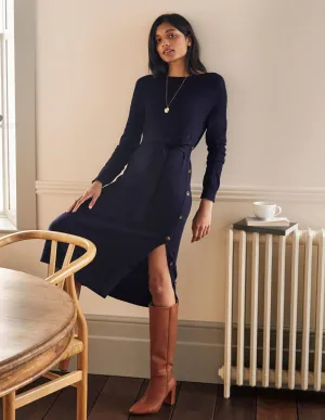 Side Button Knitted Dress-Navy