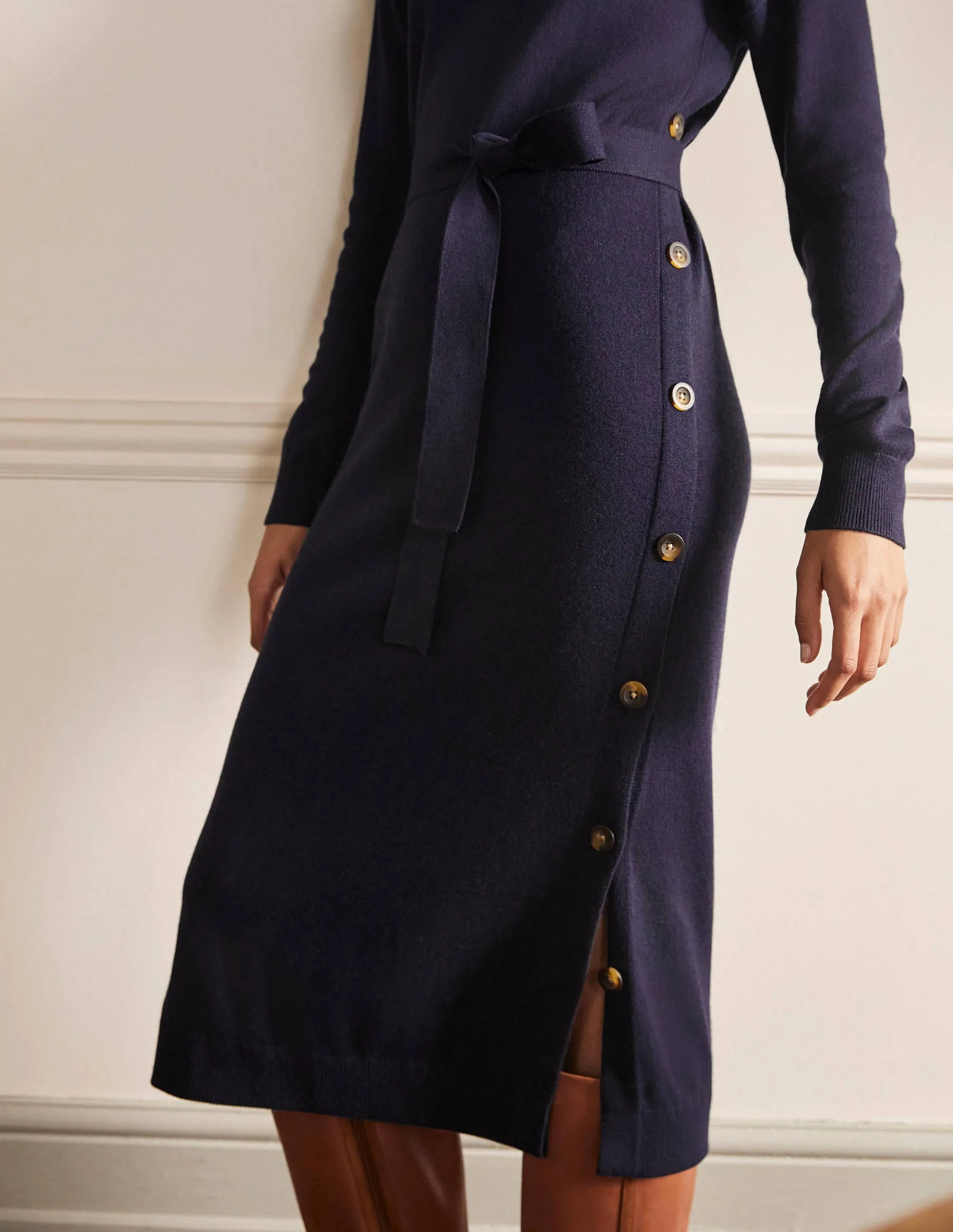 Side Button Knitted Dress-Navy